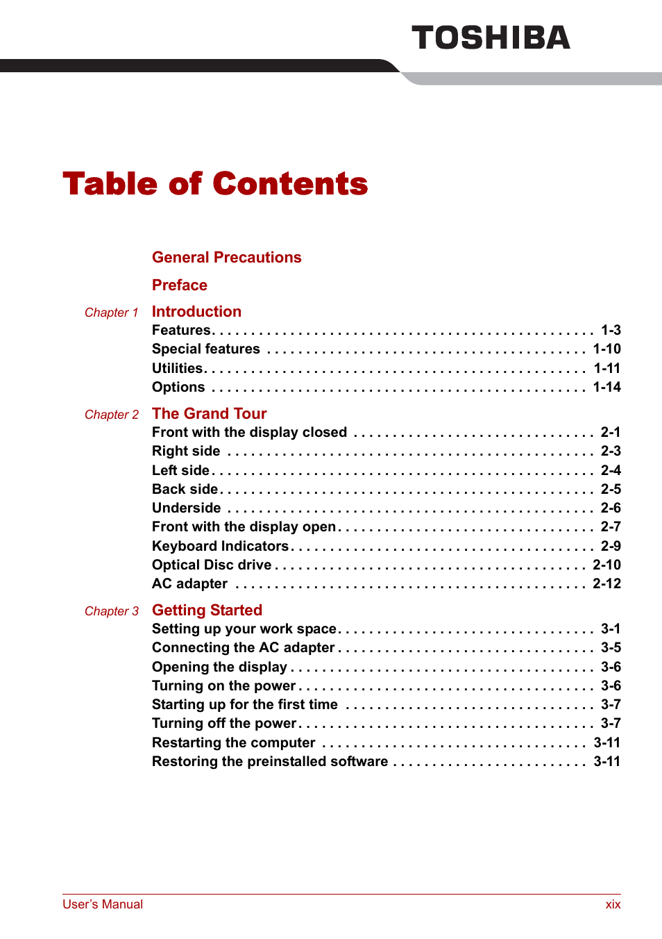 Toshiba Satellite M70 (PSM71) User Manual | Page 19 / 176