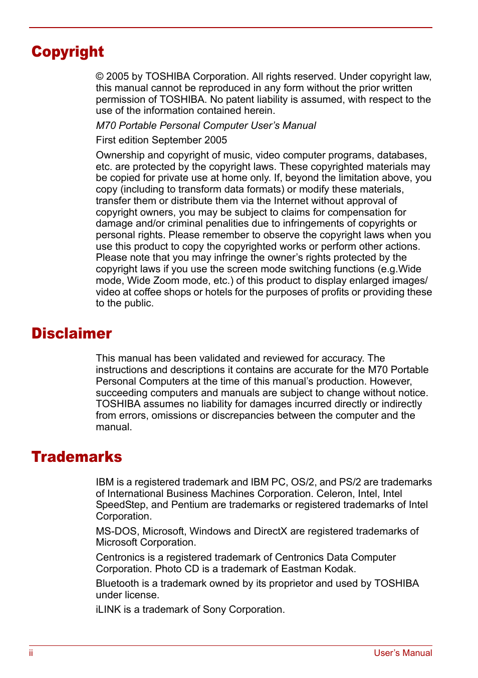 Copyright, Disclaimer, Trademarks | Toshiba Satellite M70 (PSM71) User Manual | Page 2 / 176
