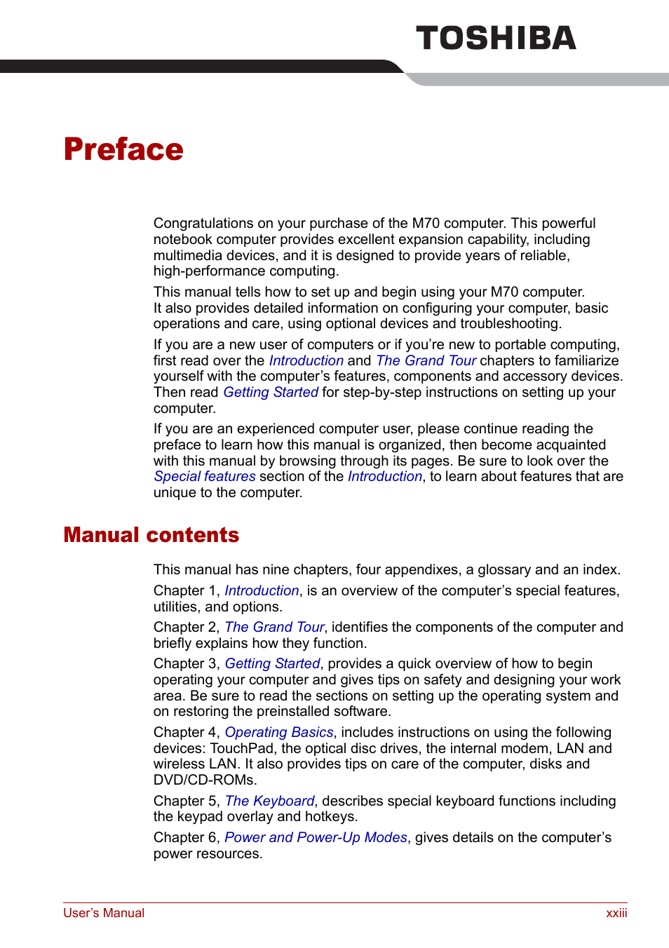 Preface, Manual contents | Toshiba Satellite M70 (PSM71) User Manual | Page 23 / 176