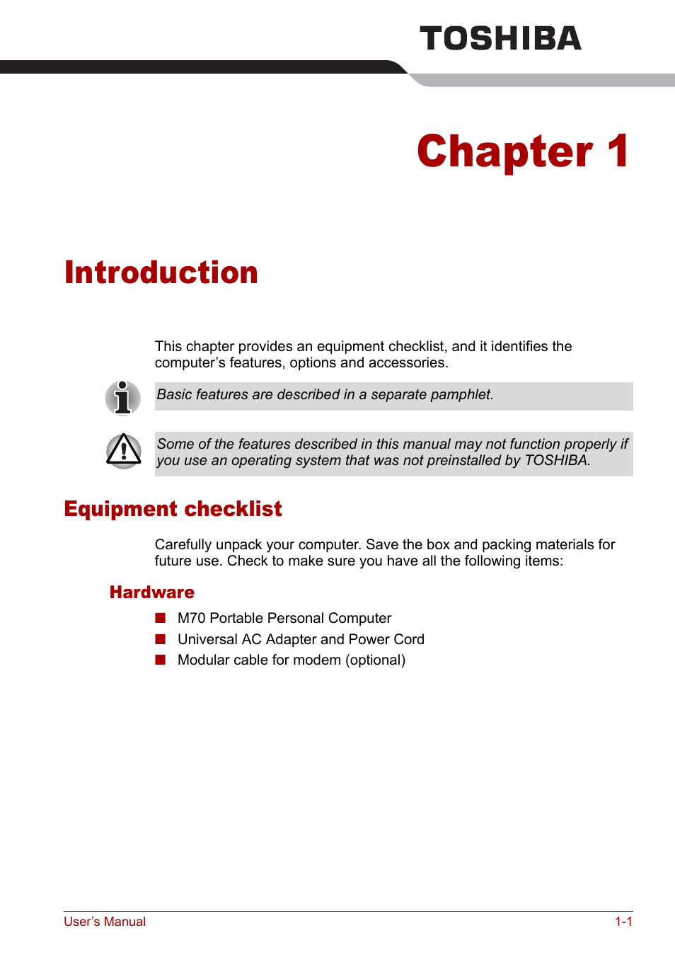 Chapter 1 - introduction, Equipment checklist, Chapter 1 | Introduction, Is an overvie | Toshiba Satellite M70 (PSM71) User Manual | Page 27 / 176