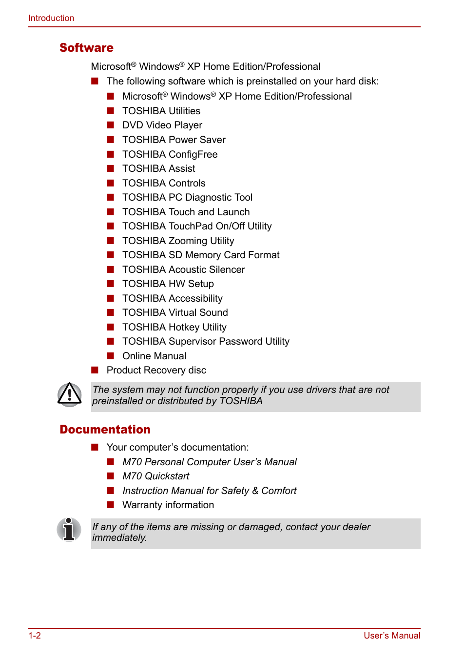 Software, Documentation | Toshiba Satellite M70 (PSM71) User Manual | Page 28 / 176