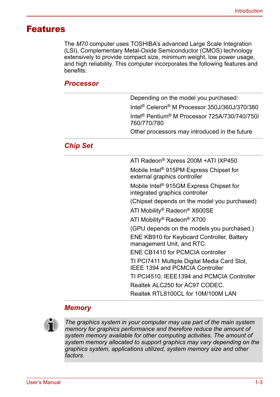 Features, Features -3 | Toshiba Satellite M70 (PSM71) User Manual | Page 29 / 176