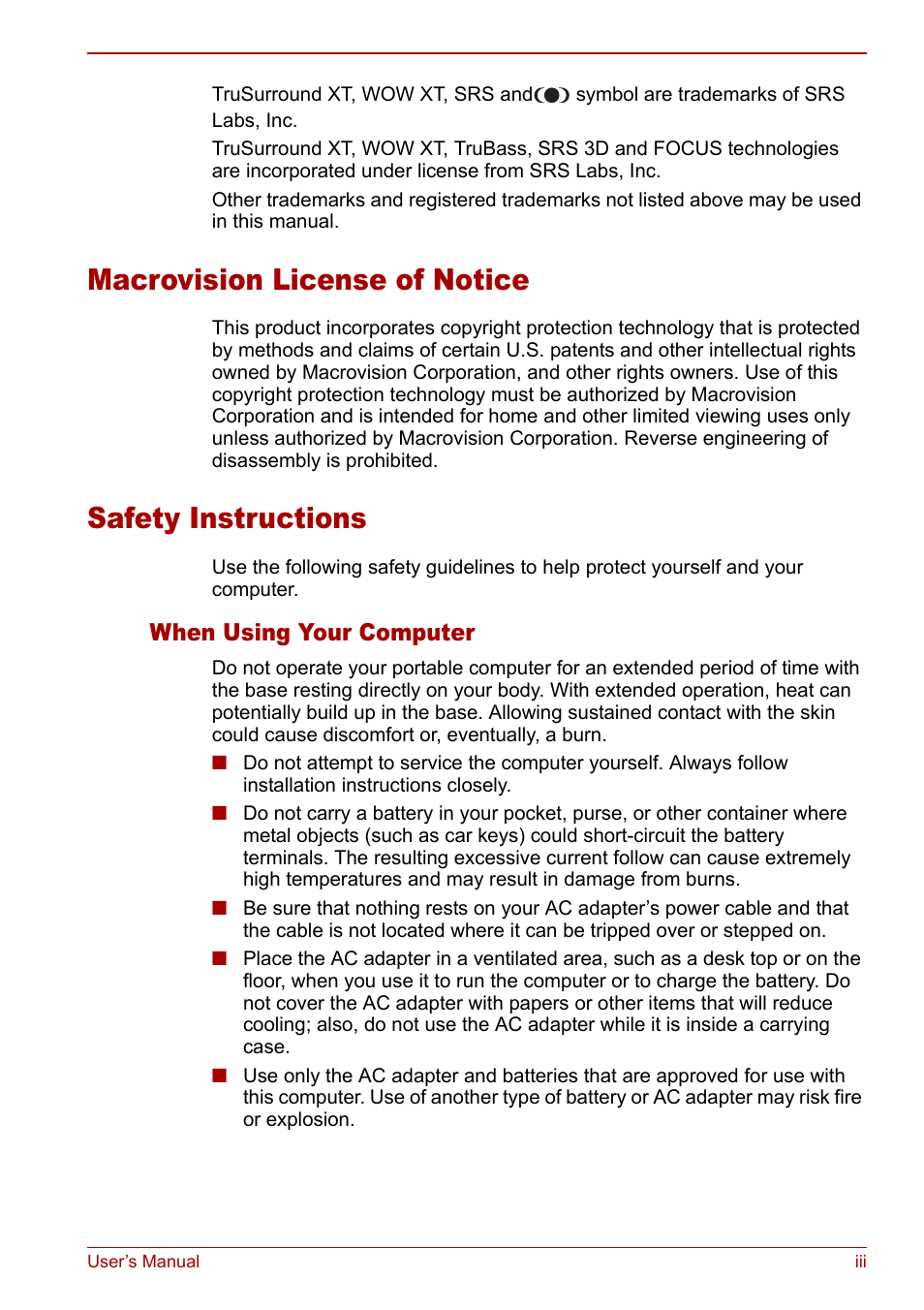 Macrovision license of notice, Safety instructions, When using your computer | Toshiba Satellite M70 (PSM71) User Manual | Page 3 / 176