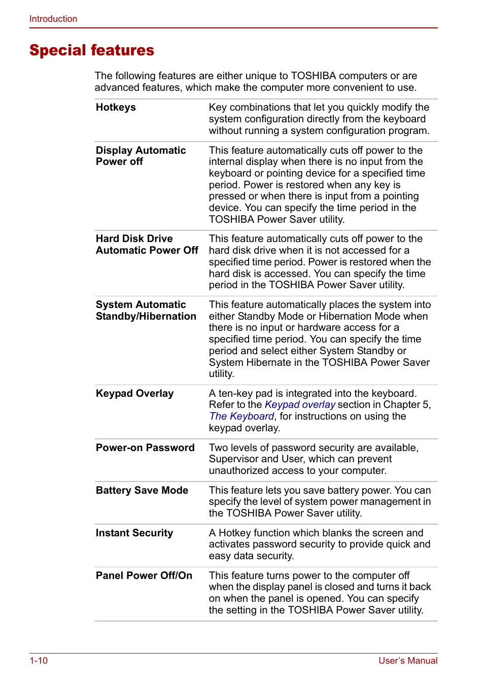 Special features, Special features -10 | Toshiba Satellite M70 (PSM71) User Manual | Page 36 / 176