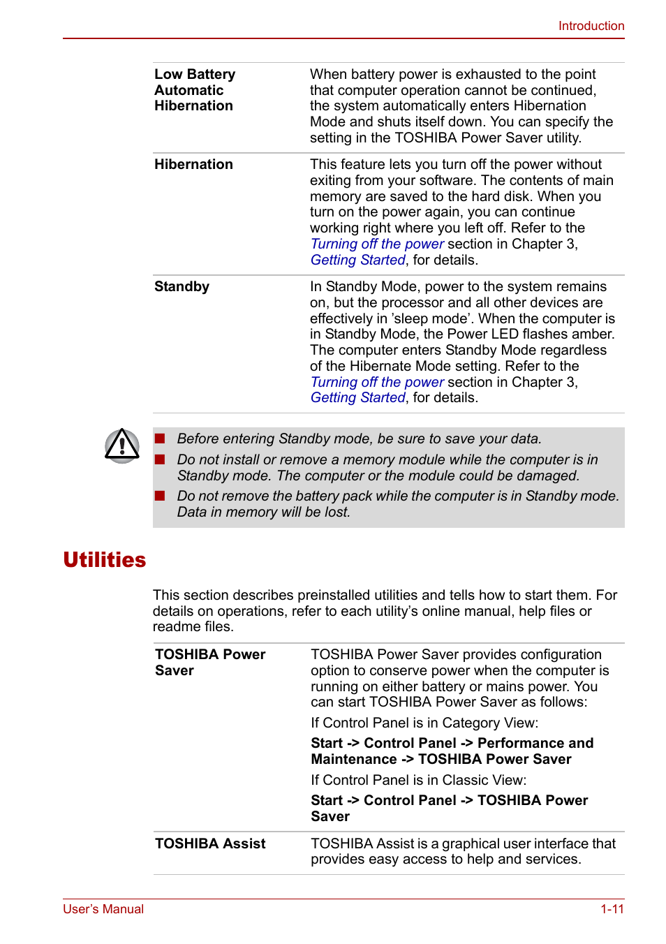 Utilities, Utilities -11 | Toshiba Satellite M70 (PSM71) User Manual | Page 37 / 176