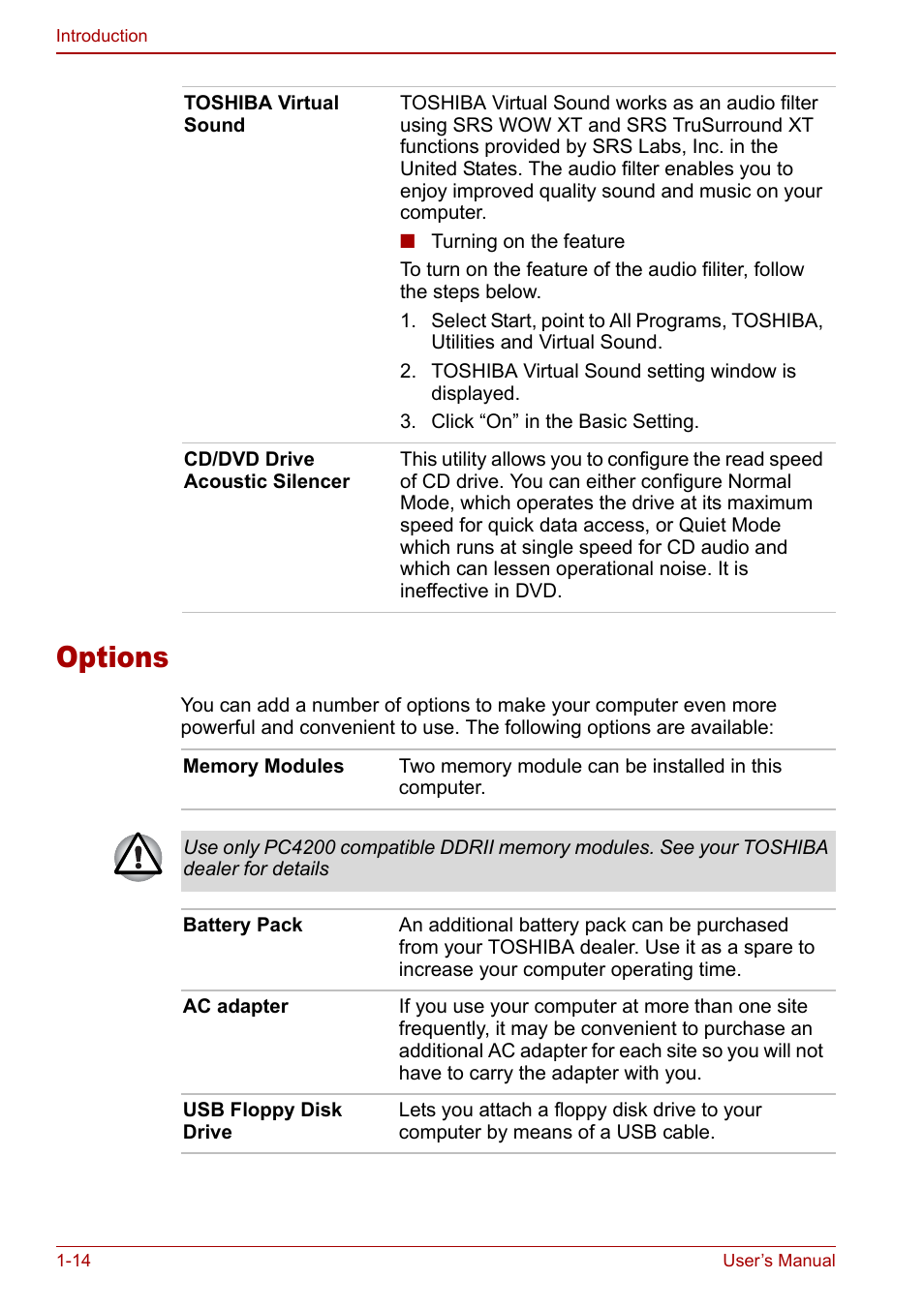 Options, Options -14 | Toshiba Satellite M70 (PSM71) User Manual | Page 40 / 176