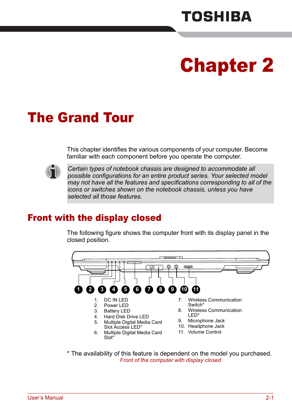 Chapter 2 - the grand tour, Front with the display closed, Chapter 2 | The grand tour, Front with the display closed -1, Ter 2 | Toshiba Satellite M70 (PSM71) User Manual | Page 41 / 176