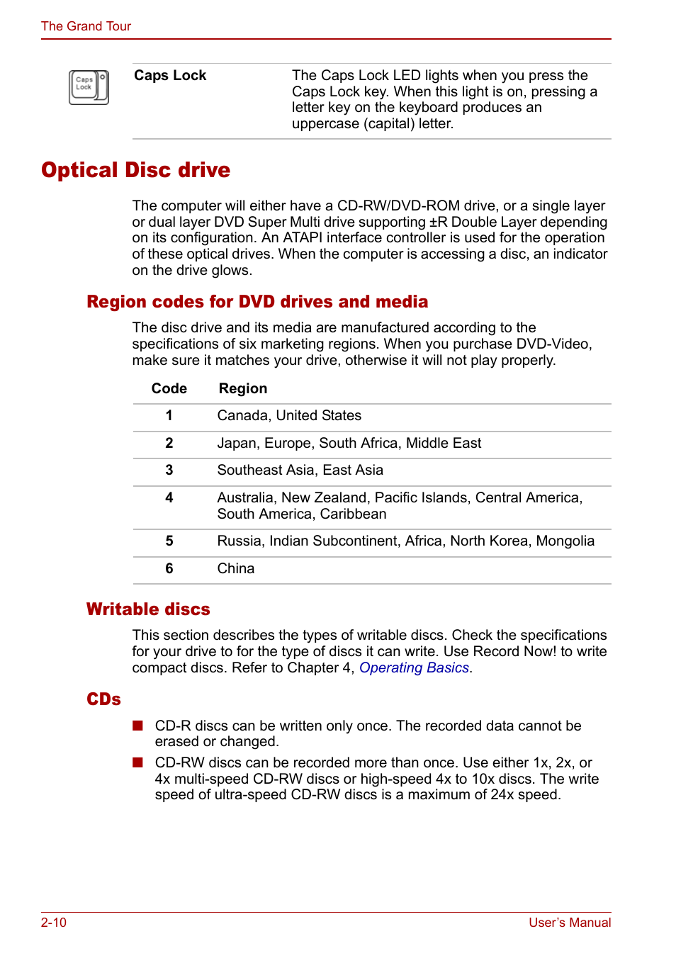 Optical disc drive, Optical disc drive -10, Region codes for dvd drives and media | Writable discs | Toshiba Satellite M70 (PSM71) User Manual | Page 50 / 176