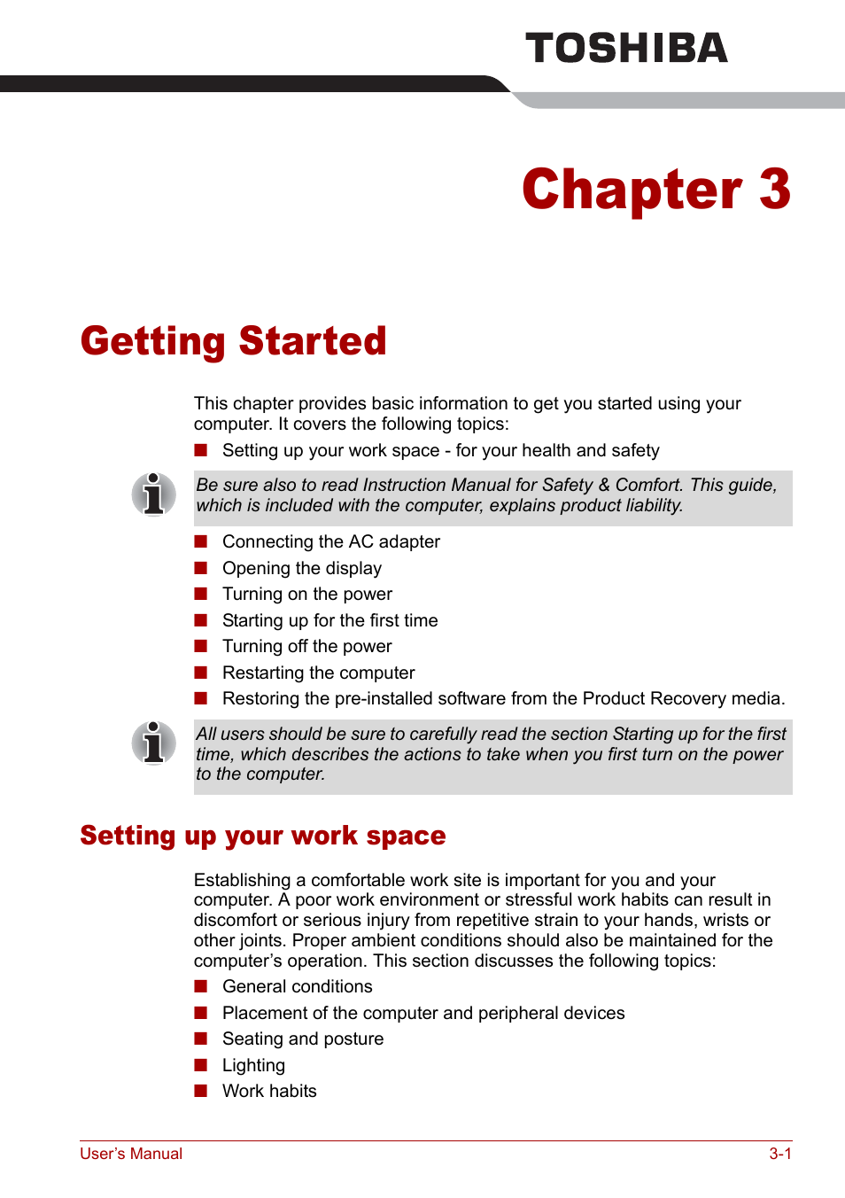 Chapter 3 - getting started, Setting up your work space, Chapter 3 | Getting started, Setting up your work space -1, For det | Toshiba Satellite M70 (PSM71) User Manual | Page 53 / 176