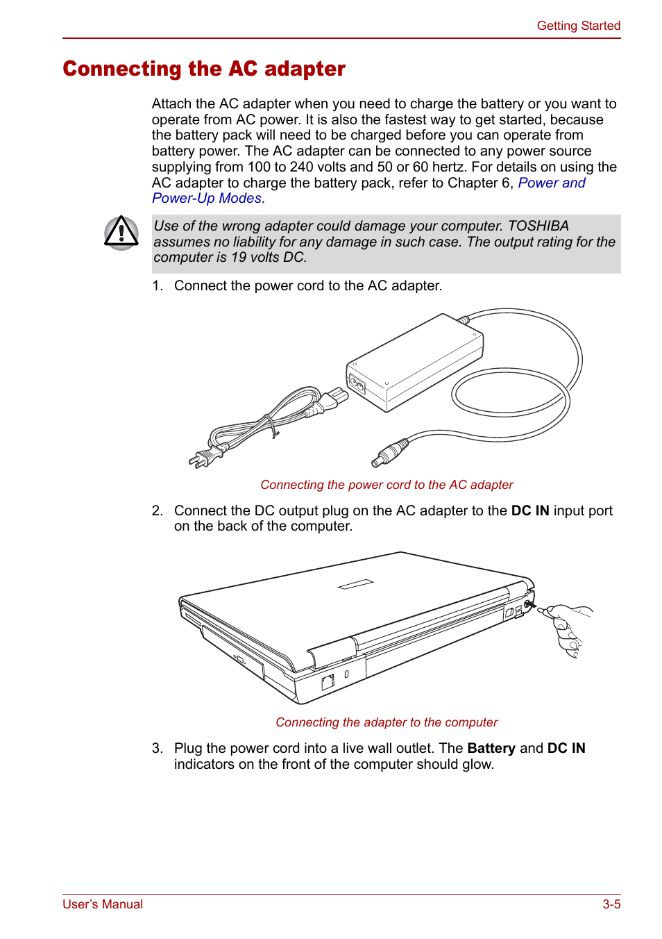 Connecting the ac adapter, Connecting the ac adapter -5 | Toshiba Satellite M70 (PSM71) User Manual | Page 57 / 176