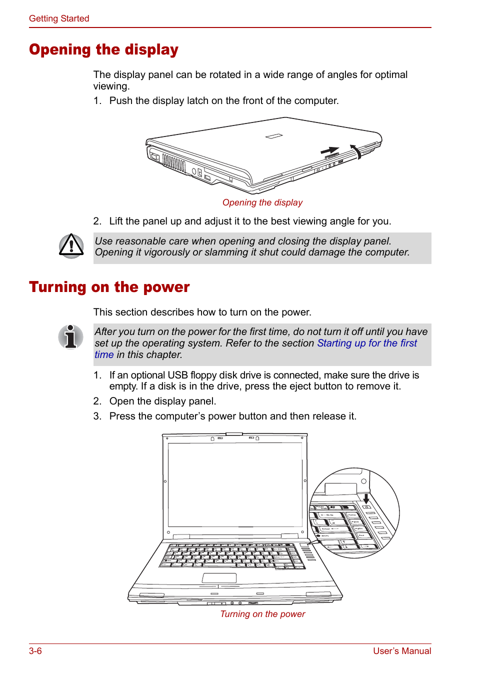 Opening the display, Turning on the power, Opening the display -6 turning on the power -6 | Toshiba Satellite M70 (PSM71) User Manual | Page 58 / 176