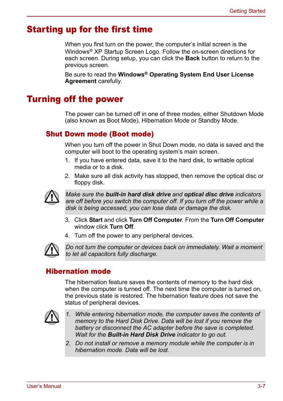 Starting up for the first time, Turning off the power, Shut down mode (boot mode) | Hibernation mode | Toshiba Satellite M70 (PSM71) User Manual | Page 59 / 176