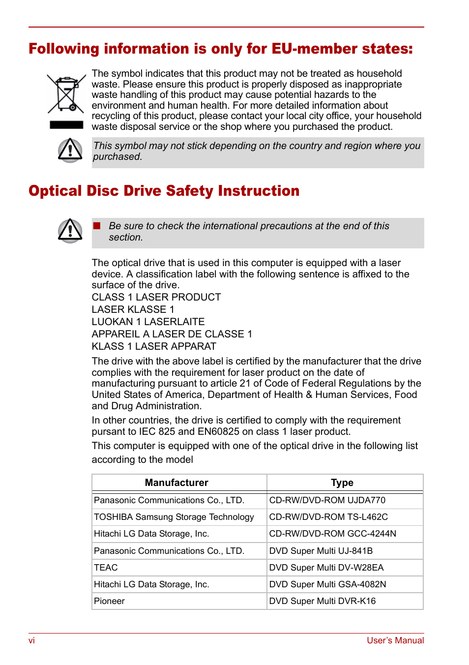 Following information is only for eu-member states, Optical disc drive safety instruction | Toshiba Satellite M70 (PSM71) User Manual | Page 6 / 176