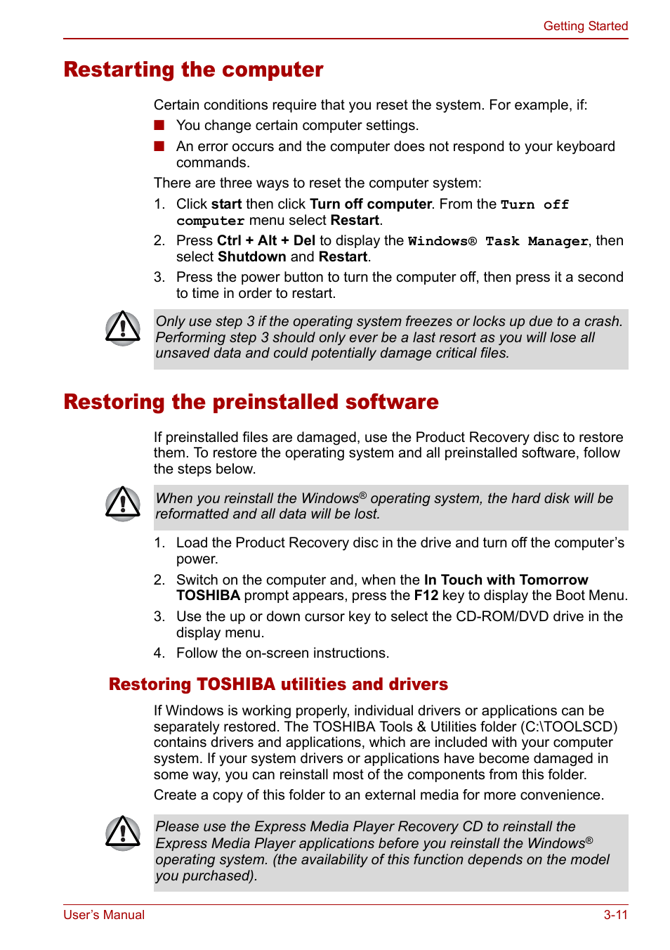 Restarting the computer, Restoring the preinstalled software, Restoring toshiba utilities and drivers | Toshiba Satellite M70 (PSM71) User Manual | Page 63 / 176