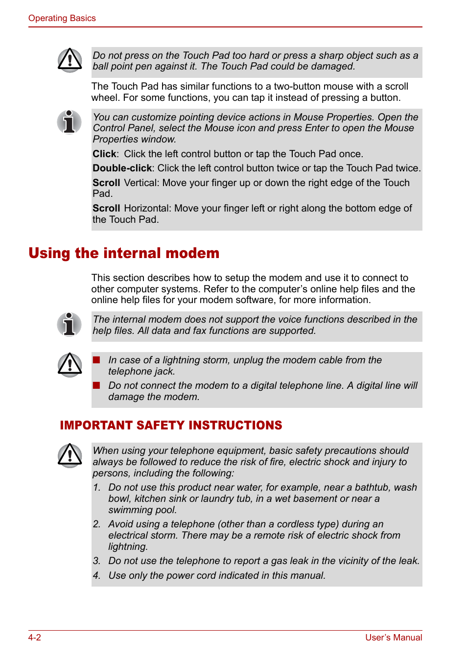 Using the internal modem, Using the internal modem -2, Important safety instructions | Toshiba Satellite M70 (PSM71) User Manual | Page 66 / 176