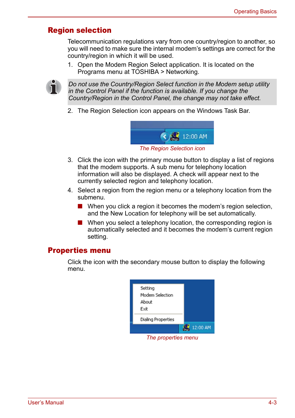 Region selection, Properties menu | Toshiba Satellite M70 (PSM71) User Manual | Page 67 / 176