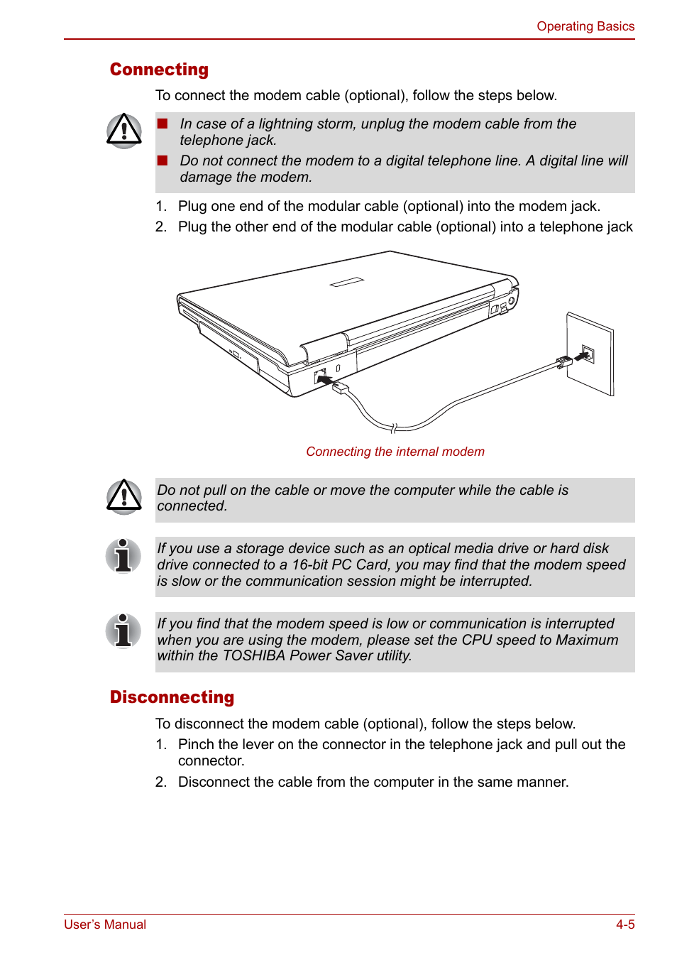 Connecting, Disconnecting | Toshiba Satellite M70 (PSM71) User Manual | Page 69 / 176