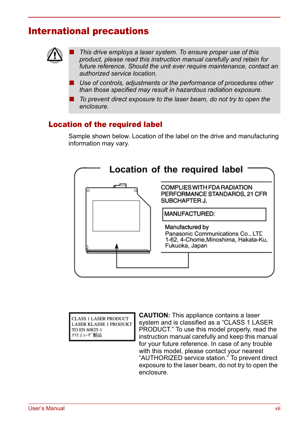 International precautions, Location of the required label | Toshiba Satellite M70 (PSM71) User Manual | Page 7 / 176