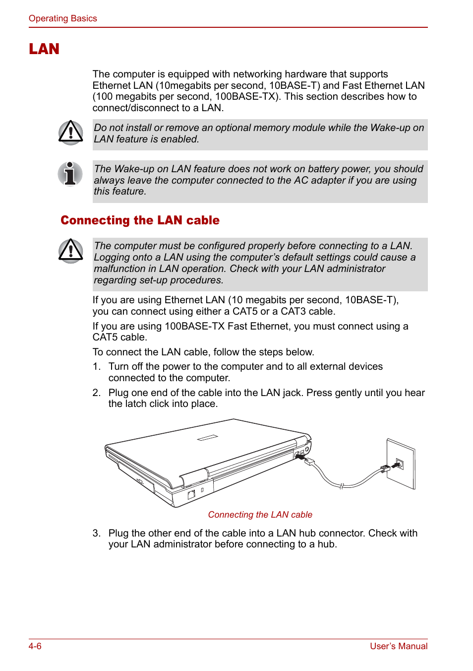 Lan -6, Connecting the lan cable | Toshiba Satellite M70 (PSM71) User Manual | Page 70 / 176