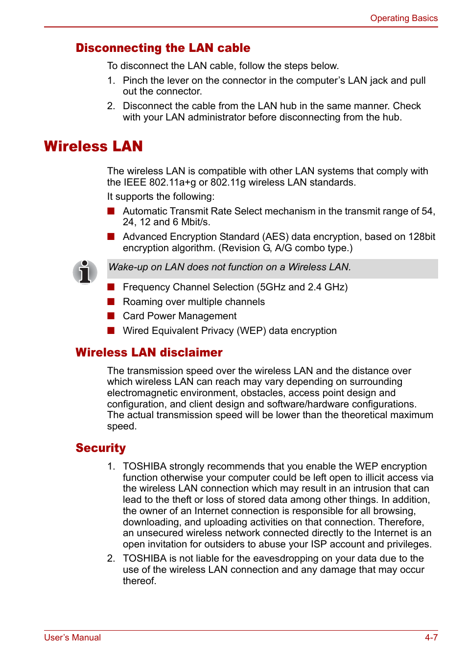 Wireless lan, Wireless lan -7, Disconnecting the lan cable | Wireless lan disclaimer, Security | Toshiba Satellite M70 (PSM71) User Manual | Page 71 / 176