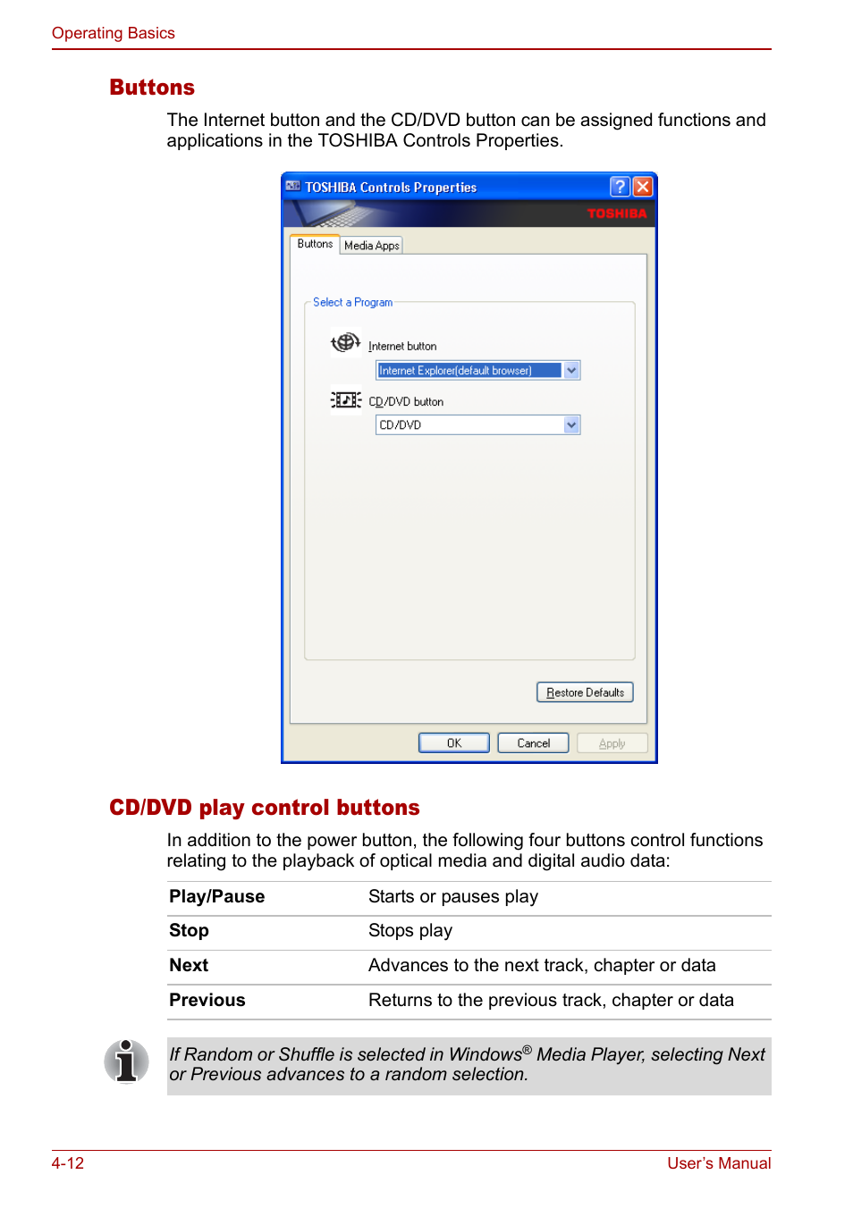Buttons, Cd/dvd play control buttons | Toshiba Satellite M70 (PSM71) User Manual | Page 76 / 176