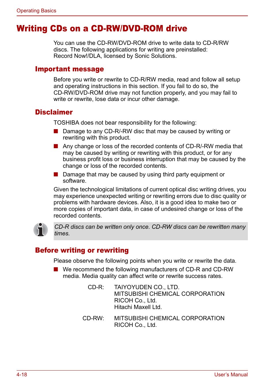 Writing cds on a cd-rw/dvd-rom drive, Writing cds on a cd-rw/dvd-rom drive -18, Important message | Disclaimer, Before writing or rewriting | Toshiba Satellite M70 (PSM71) User Manual | Page 82 / 176