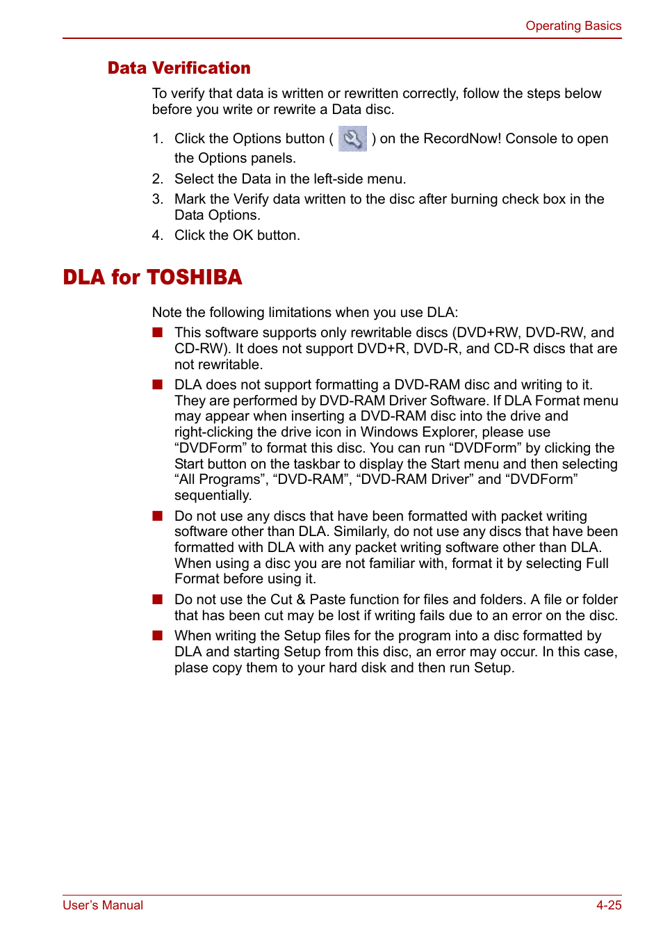 Dla for toshiba, Dla for toshiba -25, Data verification | Toshiba Satellite M70 (PSM71) User Manual | Page 89 / 176