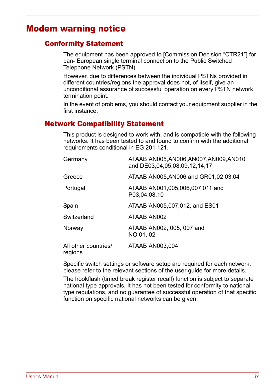 Modem warning notice, Conformity statement, Network compatibility statement | Toshiba Satellite M70 (PSM71) User Manual | Page 9 / 176