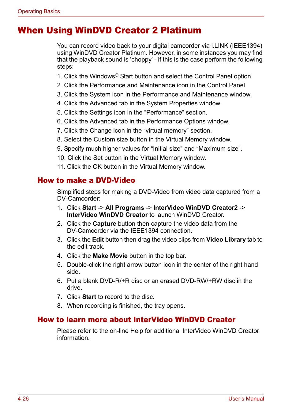 When using windvd creator 2 platinum, When using windvd creator 2 platinum -26, How to make a dvd-video | How to learn more about intervideo windvd creator | Toshiba Satellite M70 (PSM71) User Manual | Page 90 / 176