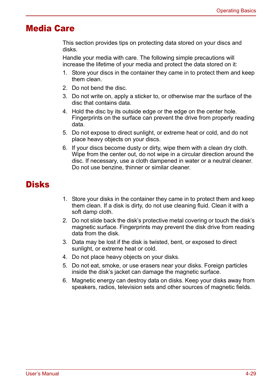Media care, Disks, Media care -29 disks -29 | Toshiba Satellite M70 (PSM71) User Manual | Page 93 / 176