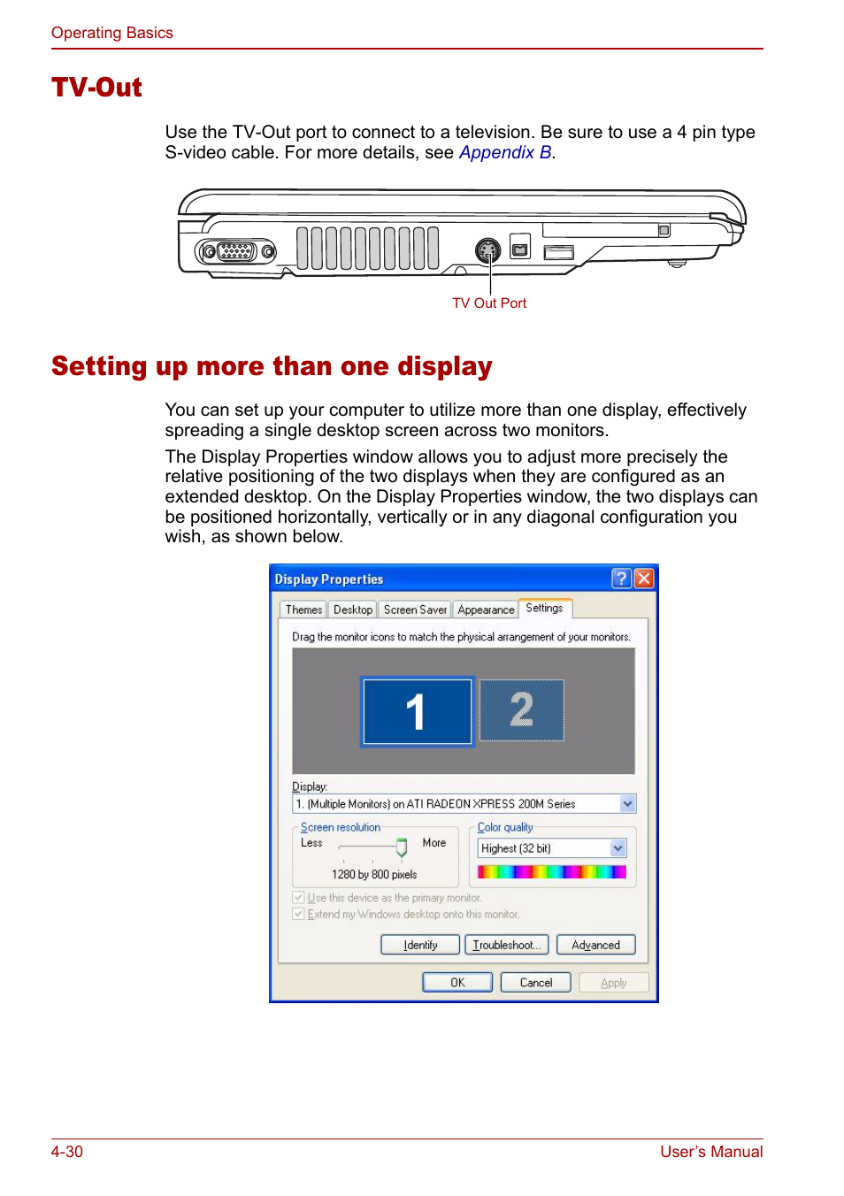 Tv-out, Setting up more than one display, Tv-out -30 setting up more than one display -30 | Toshiba Satellite M70 (PSM71) User Manual | Page 94 / 176