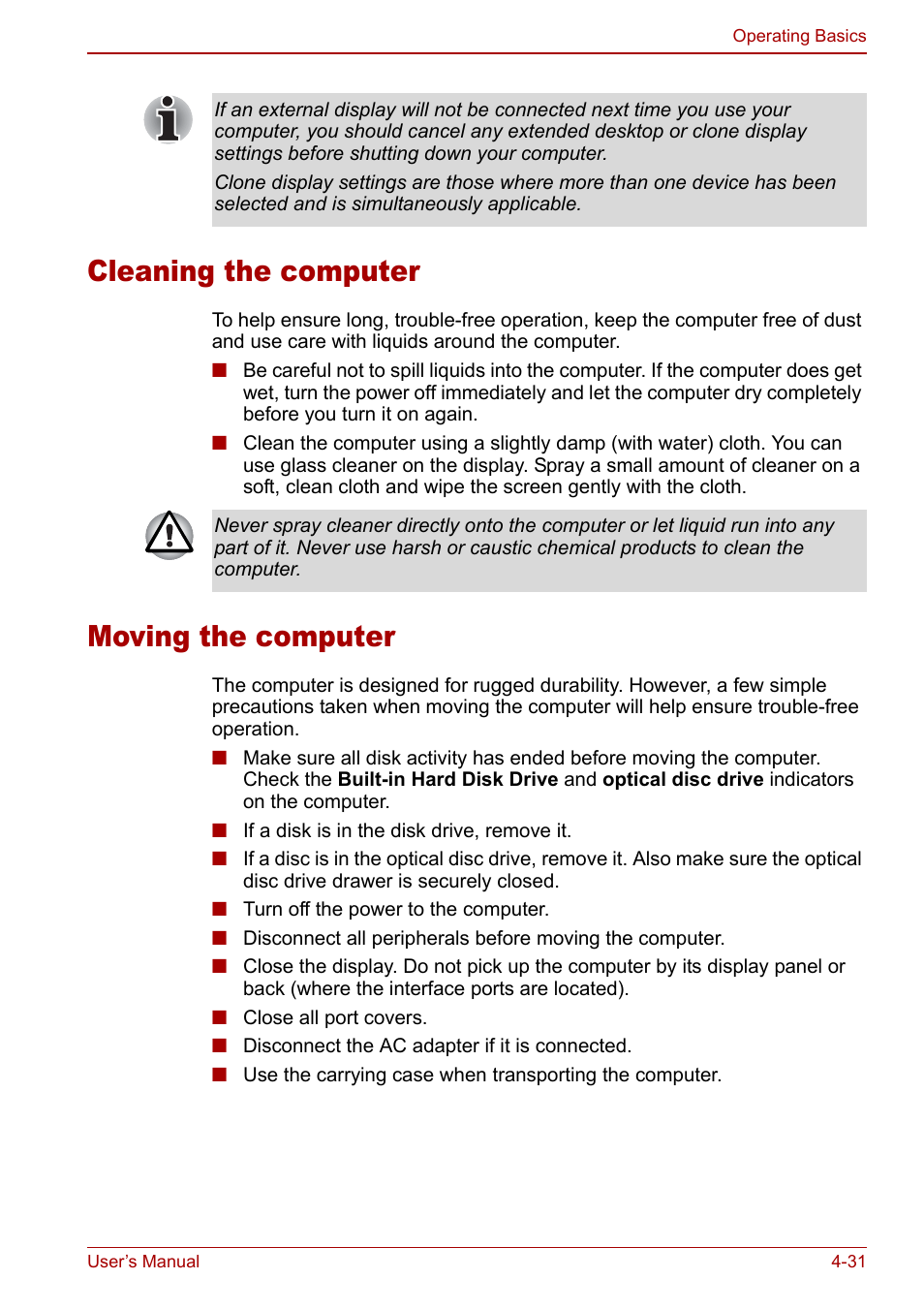 Cleaning the computer, Moving the computer, Cleaning the computer -31 moving the computer -31 | Toshiba Satellite M70 (PSM71) User Manual | Page 95 / 176