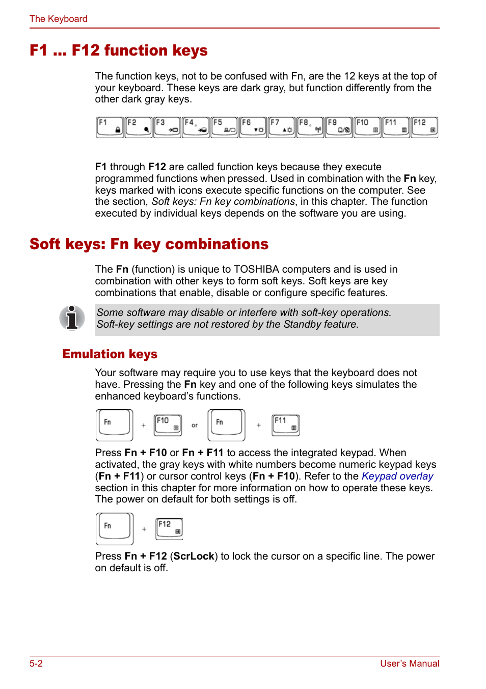 F1 ... f12 function keys, Soft keys: fn key combinations | Toshiba Satellite M70 (PSM71) User Manual | Page 98 / 176