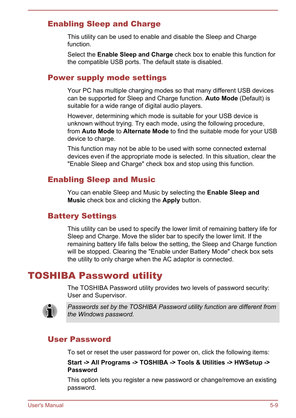 Enabling sleep and charge, Power supply mode settings, Enabling sleep and music | Battery settings, Toshiba password utility, User password, Toshiba password utility -9 | Toshiba Satellite L50-A User Manual | Page 100 / 146