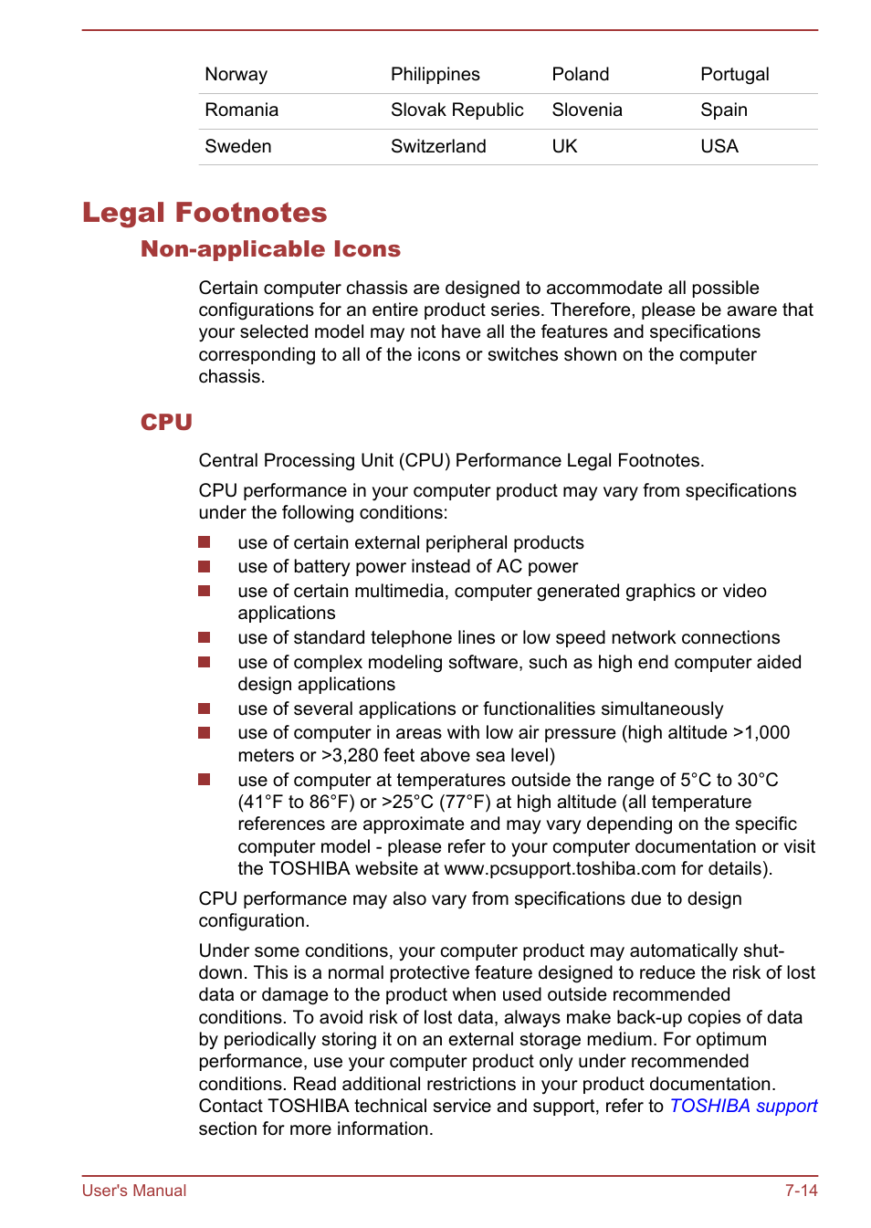 Legal footnotes, Non-applicable icons, Legal footnotes -14 | Legal, Footnotes, Section | Toshiba Satellite L50-A User Manual | Page 138 / 146