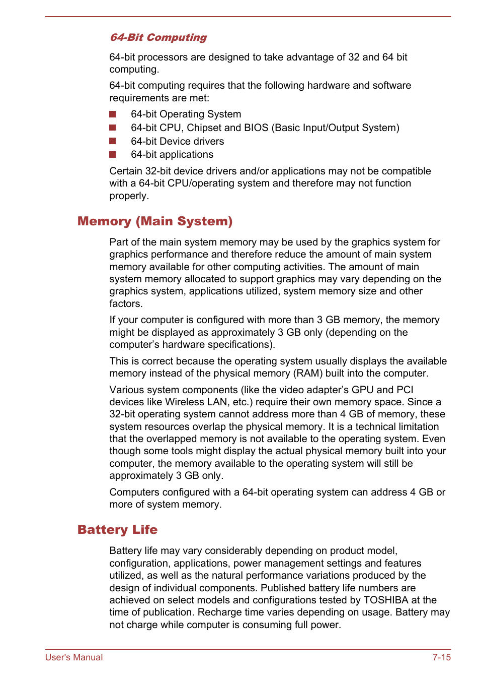 Memory (main system), Battery life | Toshiba Satellite L50-A User Manual | Page 139 / 146