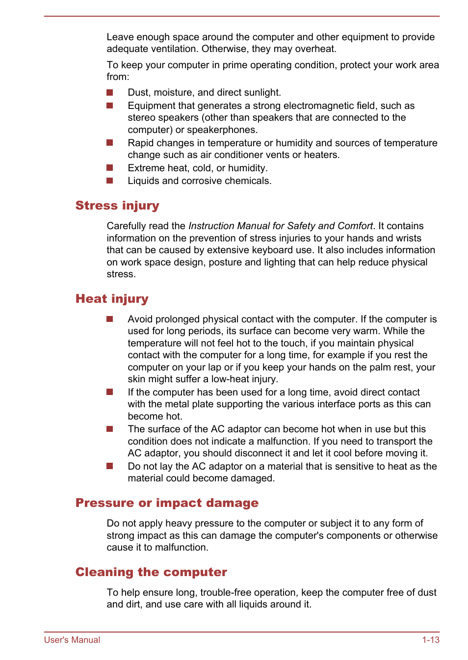 Stress injury, Heat injury, Pressure or impact damage | Cleaning the computer | Toshiba Satellite L50-A User Manual | Page 16 / 146
