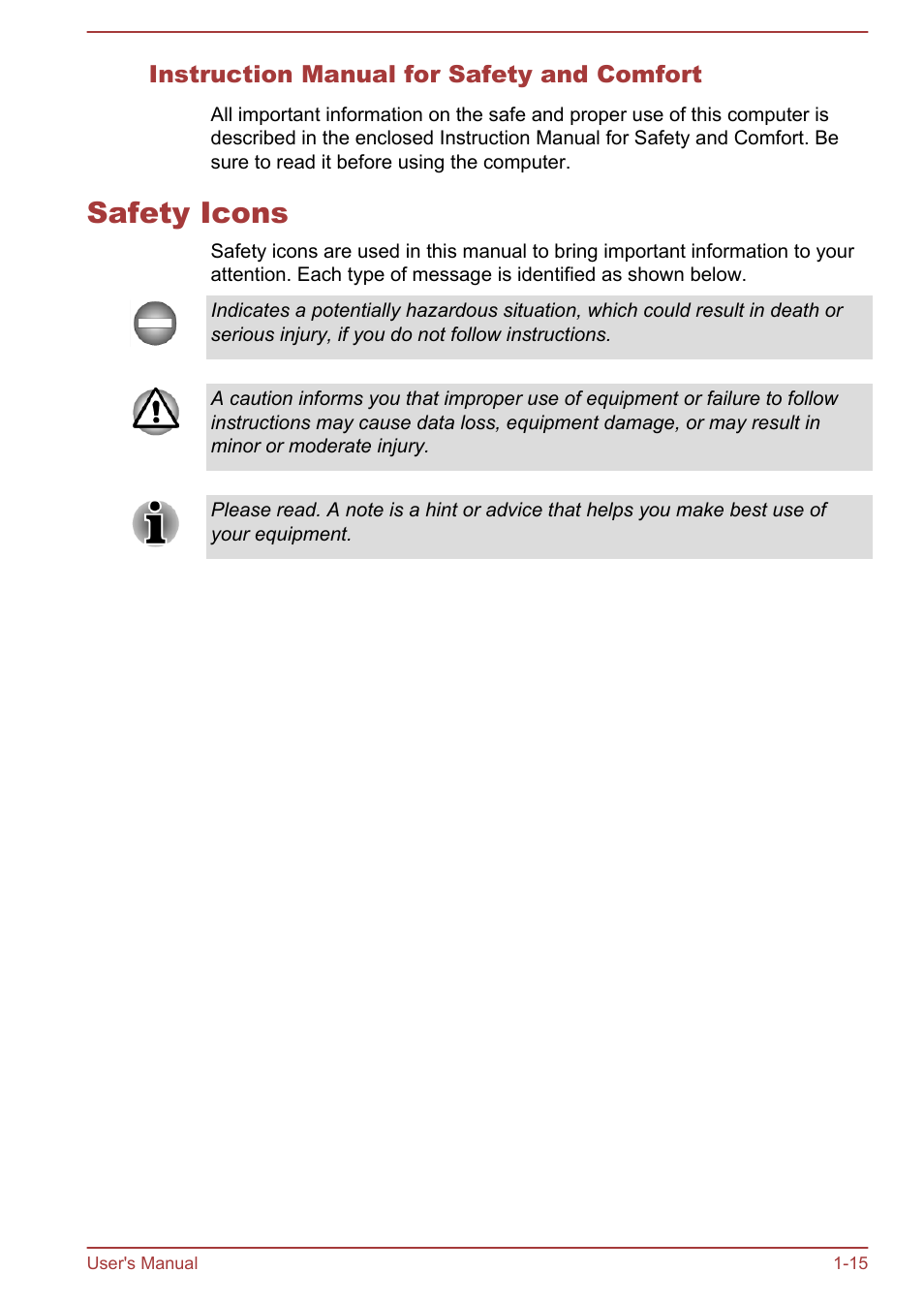 Instruction manual for safety and comfort, Safety icons, Safety icons -15 | Toshiba Satellite L50-A User Manual | Page 18 / 146