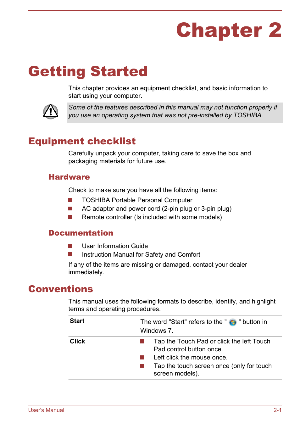 Chapter 2 getting started, Equipment checklist, Hardware | Documentation, Conventions, Chapter 2, Getting started, Equipment checklist -1 conventions -1 | Toshiba Satellite L50-A User Manual | Page 19 / 146