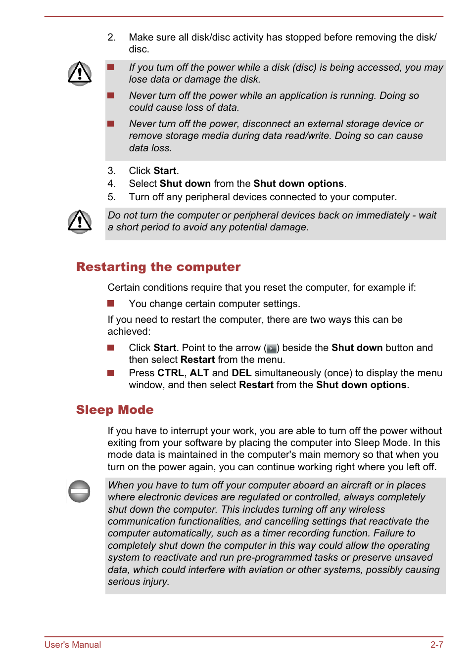 Restarting the computer, Sleep mode | Toshiba Satellite L50-A User Manual | Page 25 / 146