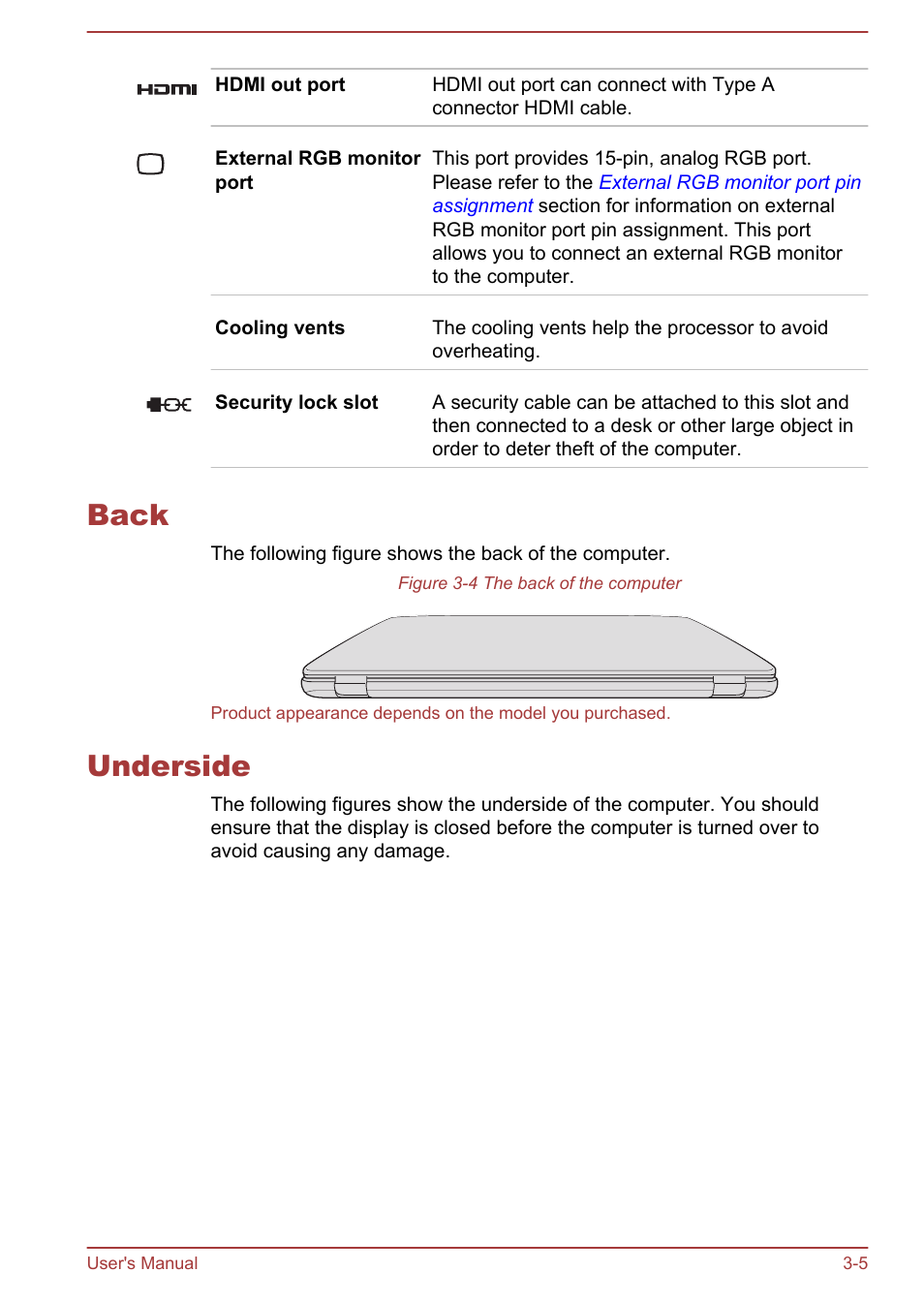 Back, Underside, Back -5 underside -5 | Toshiba Satellite L50-A User Manual | Page 33 / 146
