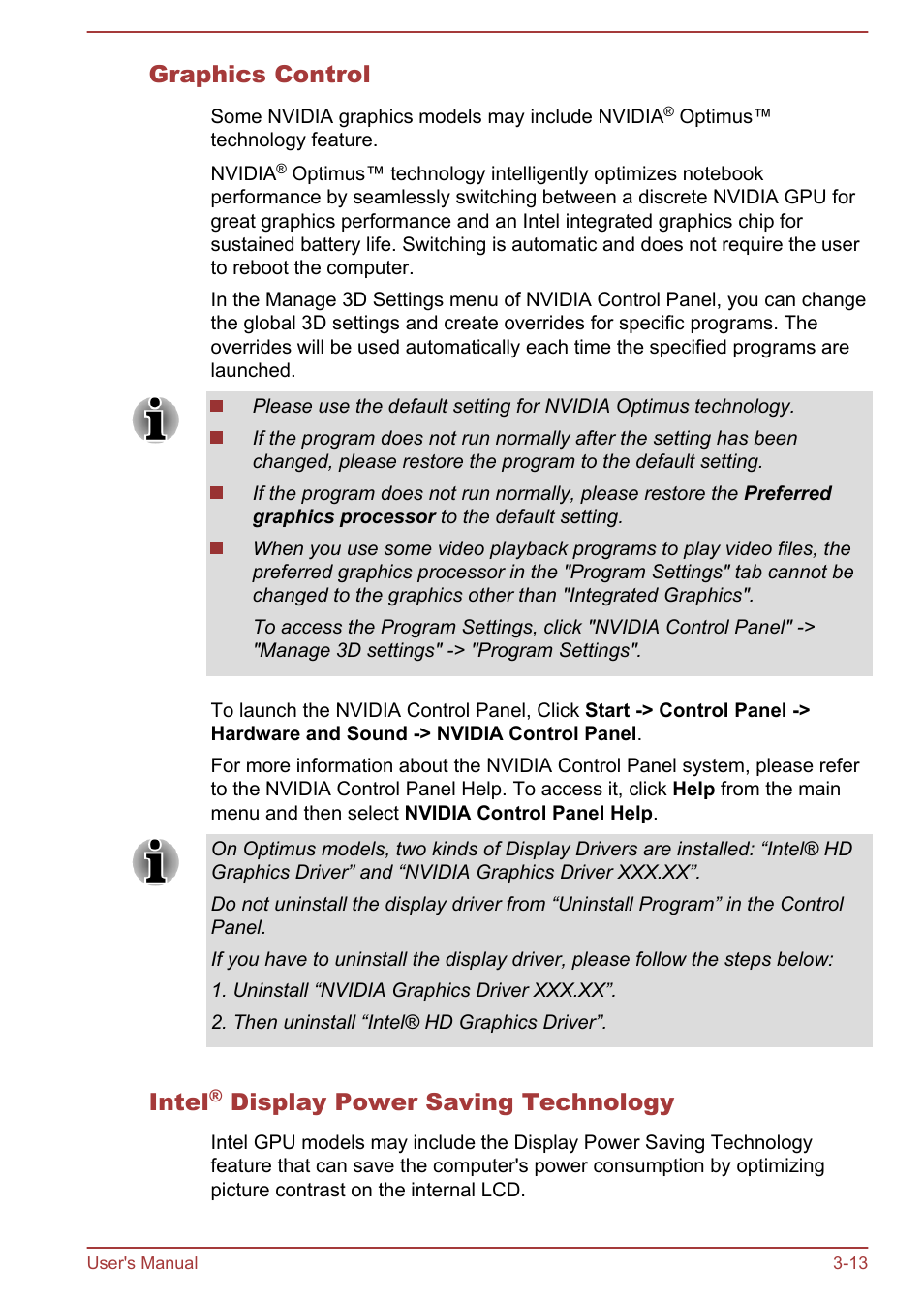 Graphics control, Intel® display power saving technology, Intel | Display power saving technology | Toshiba Satellite L50-A User Manual | Page 41 / 146