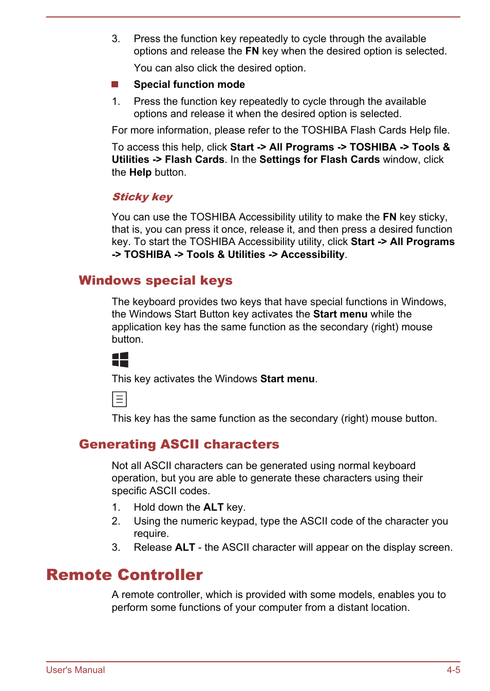 Windows special keys, Generating ascii characters, Remote controller | Remote controller -5 | Toshiba Satellite L50-A User Manual | Page 49 / 146