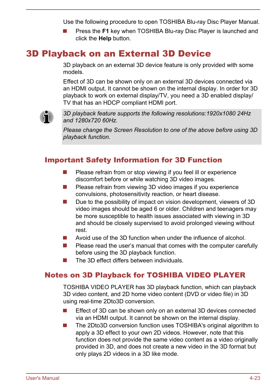 3d playback on an external 3d device, Important safety information for 3d function, Notes on 3d playback for toshiba video player | 3d playback on an external 3d device -23 | Toshiba Satellite L50-A User Manual | Page 67 / 146