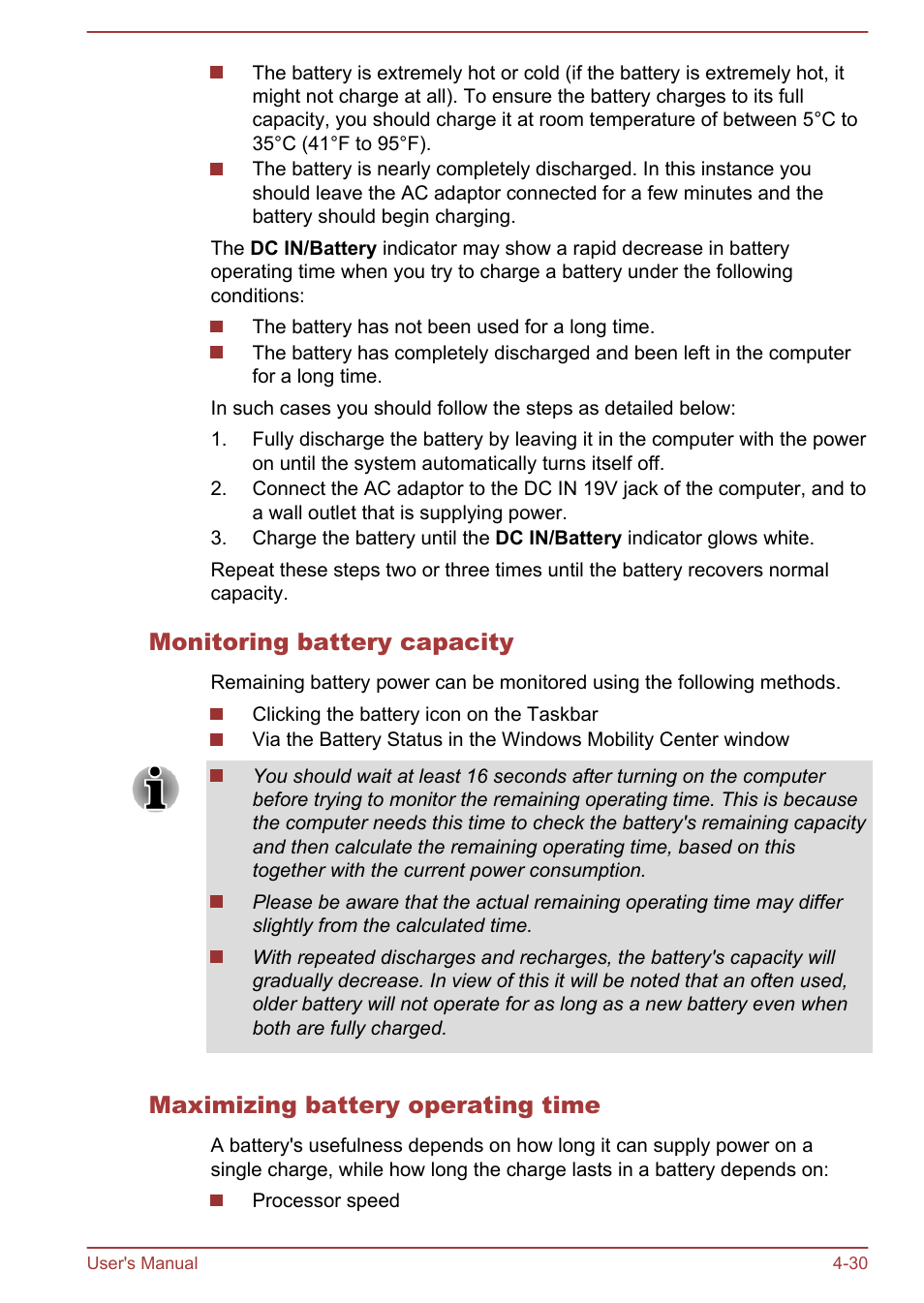 Monitoring battery capacity, Maximizing battery operating time | Toshiba Satellite L50-A User Manual | Page 74 / 146