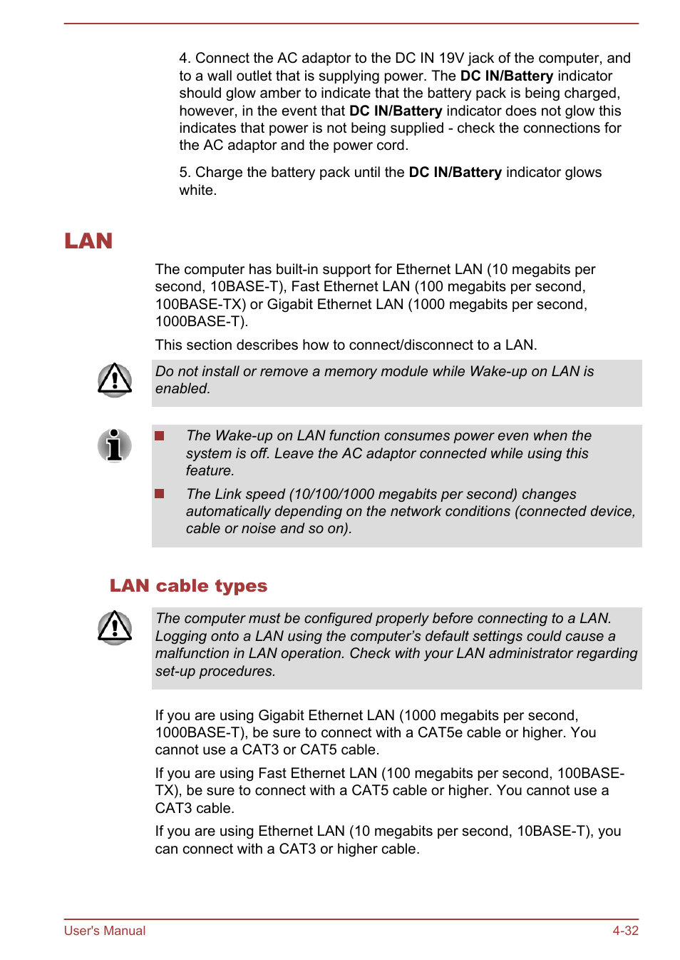 Lan cable types, Lan -32 | Toshiba Satellite L50-A User Manual | Page 76 / 146