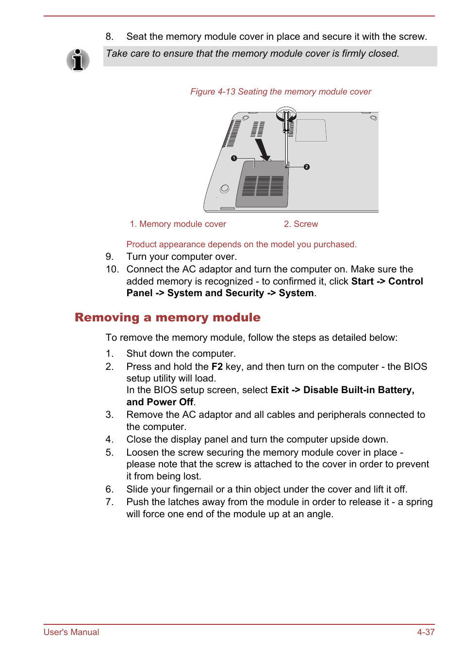 Removing a memory module | Toshiba Satellite L50-A User Manual | Page 81 / 146