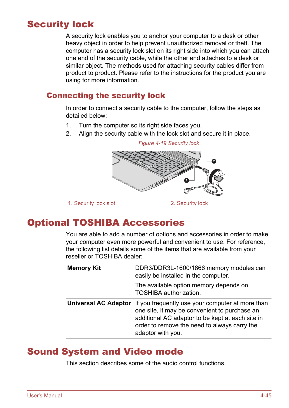 Security lock, Connecting the security lock, Optional toshiba accessories | Sound system and video mode, To the | Toshiba Satellite L50-A User Manual | Page 89 / 146