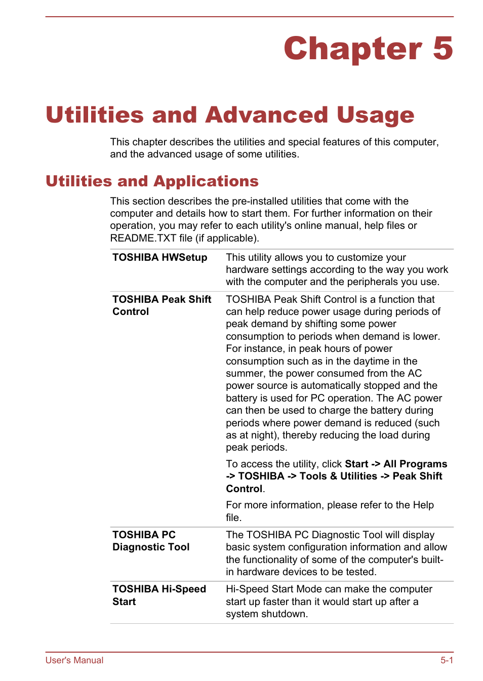 Chapter 5 utilities and advanced usage, Utilities and applications, Chapter 5 | Utilities and advanced usage, Utilities and applications -1 | Toshiba Satellite L50-A User Manual | Page 92 / 146