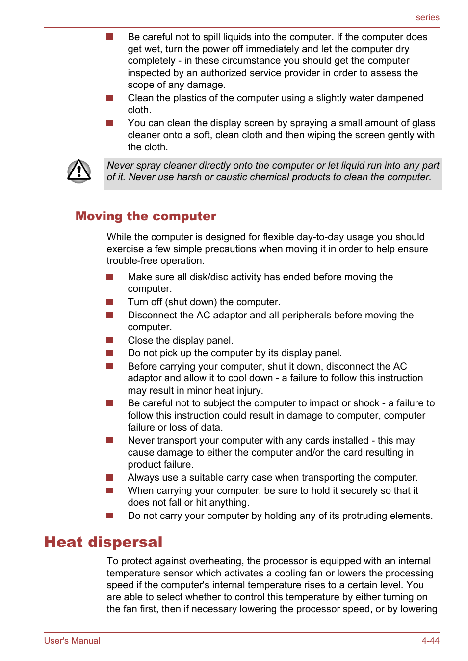 Moving the computer, Heat dispersal, Heat dispersal -44 | Toshiba Satellite L955D User Manual | Page 100 / 142
